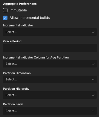 The Aggregate Preferences section of the Dataset properties panel, showing additional fields for configuring incremental builds.