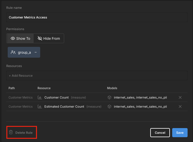 A security rule, with the Delete Rule button highlighted.
