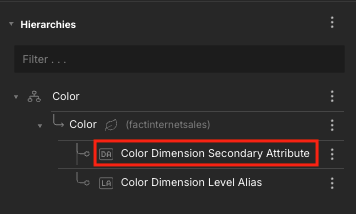 The Hierarchies section of the Model properties panel, highlighting a dimensional secondary attribute.