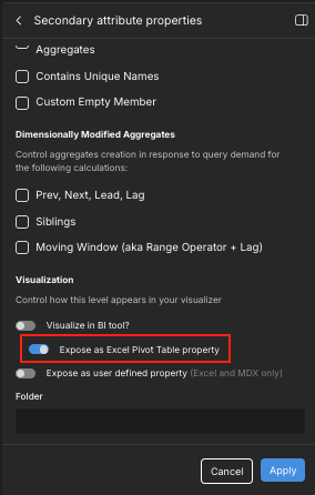 The "Secondary attribute properties" panel, with the "Expose as Excel Pivot Table property" toggle highlighted.