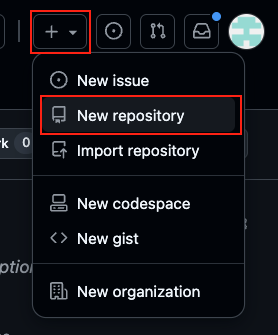 The "Create new" menu in GitHub, with the button and "New repository" option highlighted.