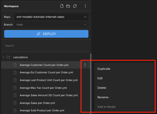 The Workspace panel, with a file&#39;s context menu and button highlighted.