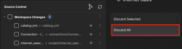The Source Control panel, with the Discard All menu option highlighted.