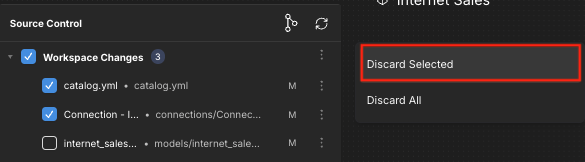 The Source Control panel, with the Discard Selected menu option highlighted.