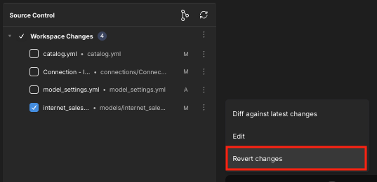 The Source Control panel, with the &quot;Revert changes&quot; menu option highlighted.