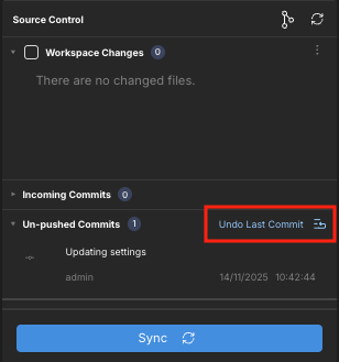The Source Control panel, with the Undo Last Commit button highlighted.