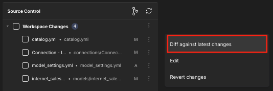 The Source Control panel, with the &quot;Diff against latest changes&quot; menu option highlighted.