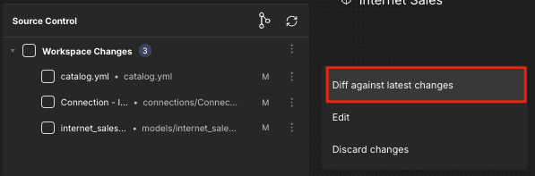 The Source Control panel, with the "Diff against latest changes" menu option highlighted.