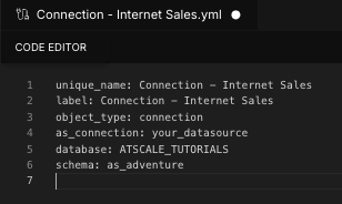 The Connection - Internet Sales.yml file being edited in the Code Editor.
