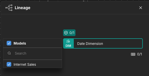 The Lineage panel for a dimension, showing the Models menu with a model selected.
