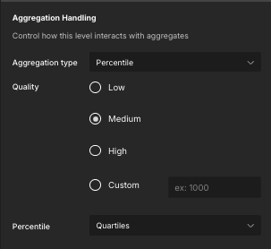 The Aggregation Handling section of the Metric properties panel, showing the Quality and Percentile fields for a percentile metric.