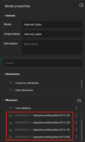 The &quot;Model properties&quot; panel, with a percentile metric ranked by quartiles highlighted.