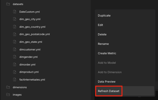 The context menu for a dataset, with the Refresh Dataset option highlighted.
