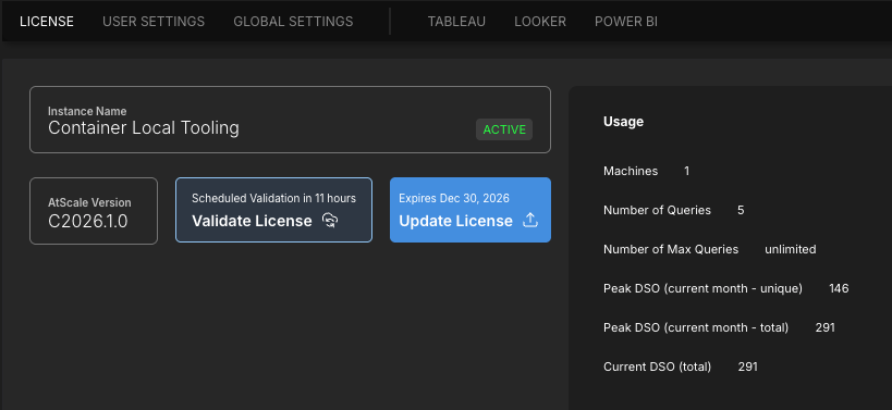 The License tab of the Settings page.