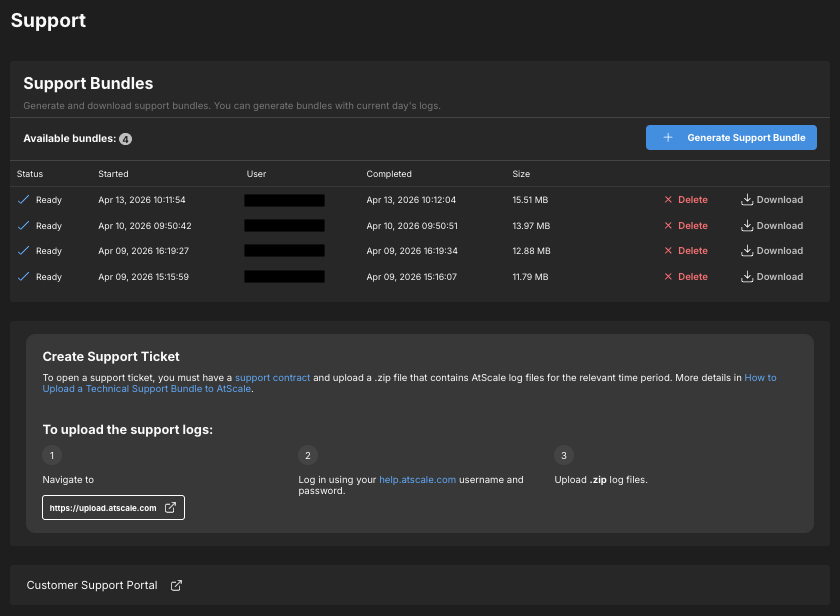 The Support page, showing areas for generating and downloading support bundles, opening tickets, and accessing the Customer Support Portal.