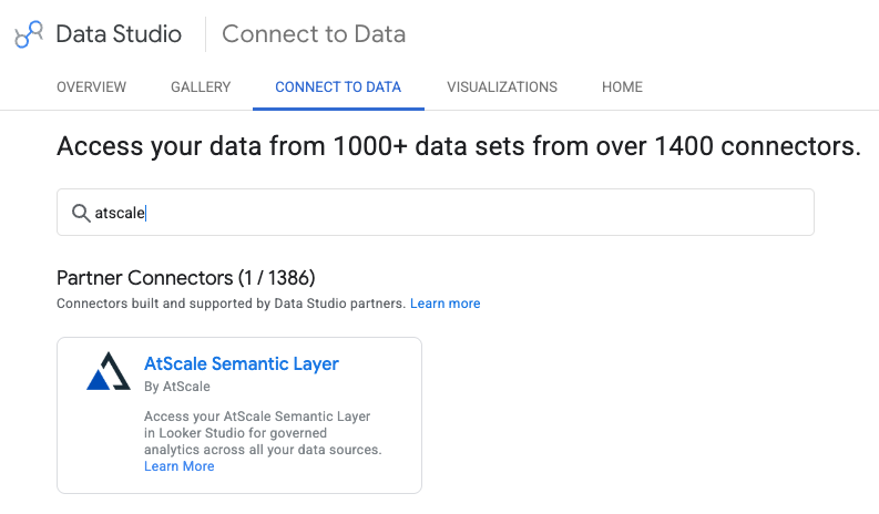 The Data Studio Connector Gallery, displaying the AtScale Semantic Layer Partner Connector.